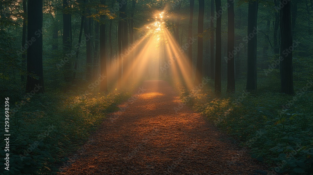 Obraz premium Sunbeams on Forest Path in Morning Mist