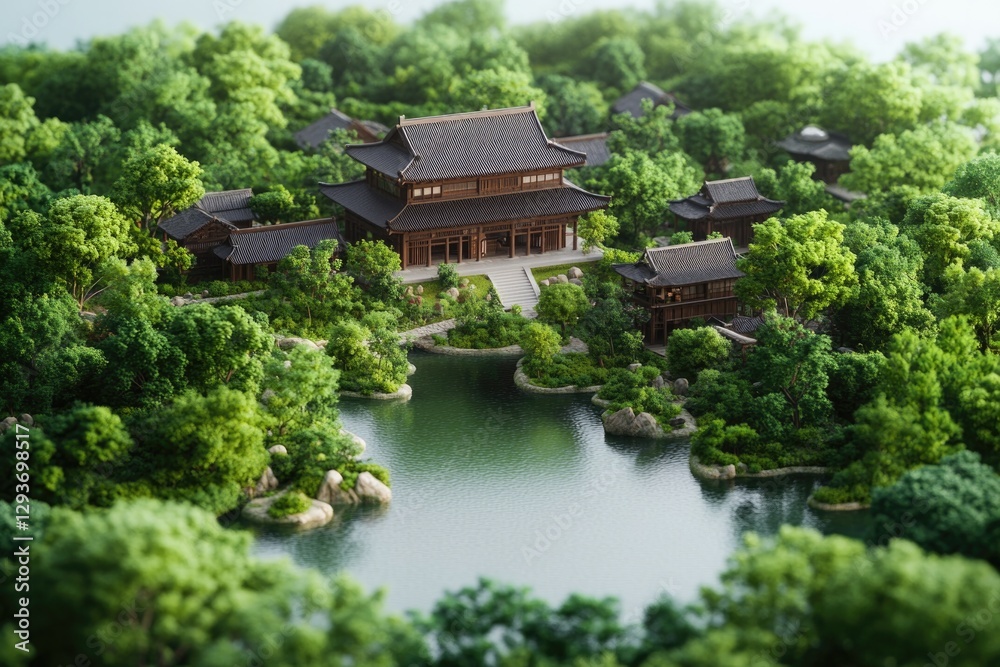 Lush greenery surrounds traditional architecture, creating seren Lush greenery surrounds traditional architecture, creating seren