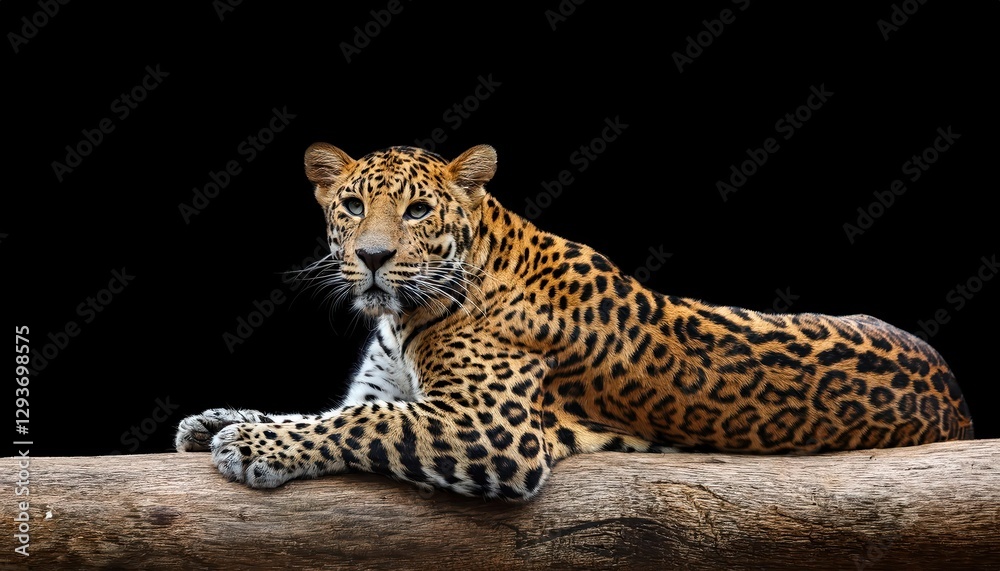 Naklejka premium Majestic Leopard Lounging in Stark Contrast, the Powerful Predator Silhouetted Against a Black Backdrop, Emanating Serene Grace and Hidden Dynamism