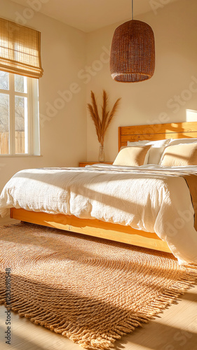 Warm, inviting rustic bedroom bathed in natural sunlight, with wooden bed frame and soft linen bedding, cozy neutral-toned pillows. Round jute rug with fringe details adds texture to the wooden floor