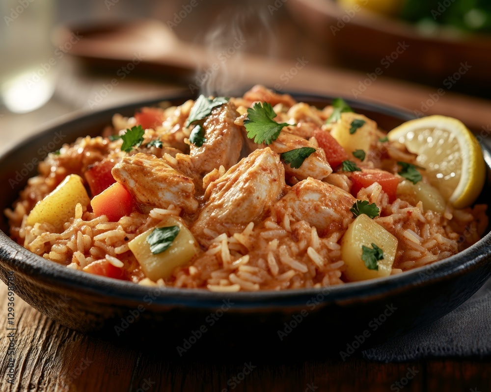 Steaming Hot Chicken Curry Over Rice With Pineapple And Cilantro Steaming Hot Chicken Curry Over Rice With Pineapple And Cilantro