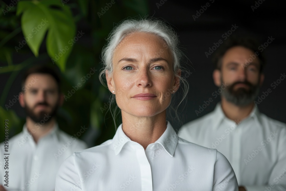 Confident leader stands in front, surrounded by two supportive c Confident leader stands in front, surrounded by two supportive c