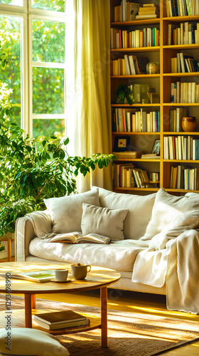 Scandinavian-style living room filled with natural light. Beige sofa, adorned with soft pillows and blanket, wooden coffee table in front, with books and cups. Bookshelf filled with books, plants
