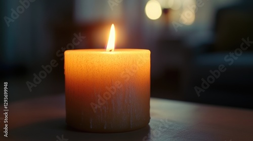 A single lit candle sits on a table with a simple background
