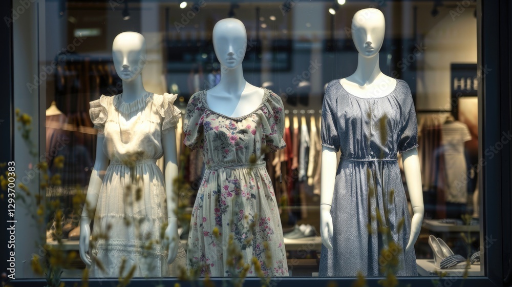Naklejka premium Stylish mannequins showcasing trendy dresses in store window