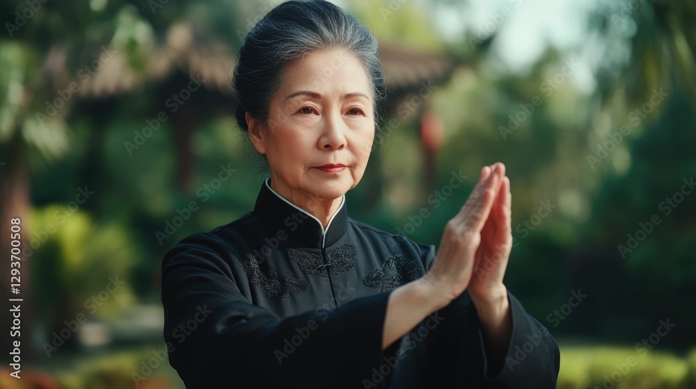 Elderly Asian Woman Practicing Tai Chi Exercise in a Tranquil and Serene Park Setting Harmony of Mind and Body Healthy Lifestyle and Mindful Movement Elderly Asian Woman Practicing Tai Chi Exercise in a Tranquil and Serene Park Setting Harmony of Mind and Body Healthy Lifestyle and Mindful Movement