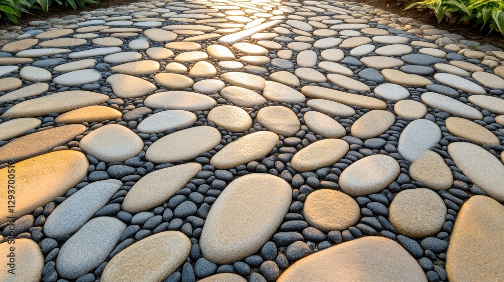 Dappled sunlight creating intricate patterns on a pebble stone pathway. Dappled sunlight creating intricate patterns on a pebble stone pathway.