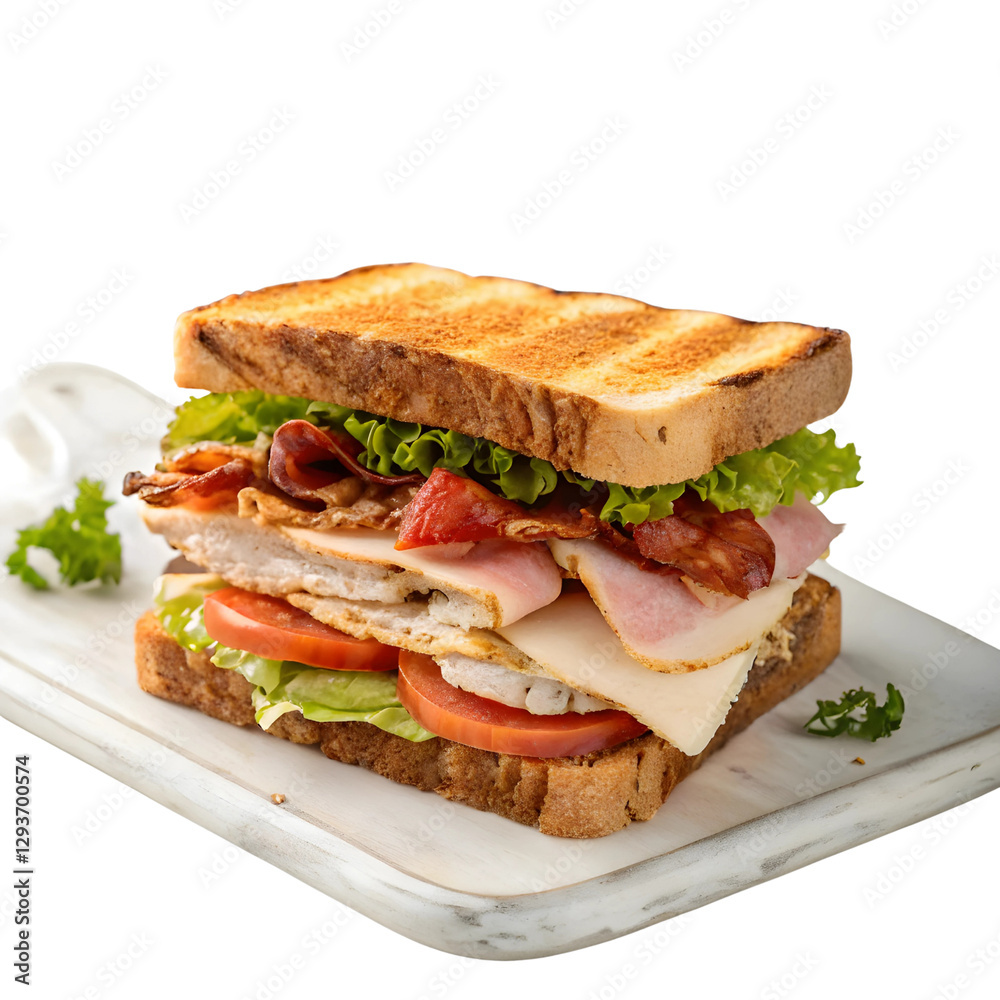Delicious Club Sandwich with Bacon, Turkey, Ham, Cheese, Lettuce, and Tomato on Toasted Bread Delicious Club Sandwich with Bacon, Turkey, Ham, Cheese, Lettuce, and Tomato on Toasted Bread