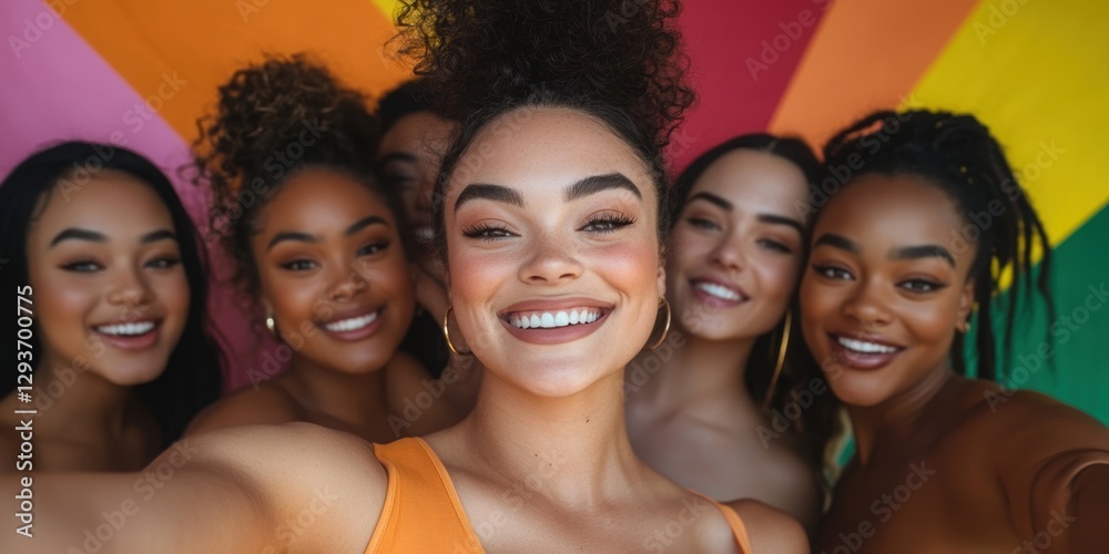 Fototapeta premium Group of people posing and smiling playfully against colorful backgrounds while taking selfies 