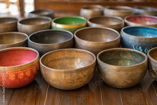 Group of ceramic bowls arranged on wooden table, ideal for food styling or interior decor use
