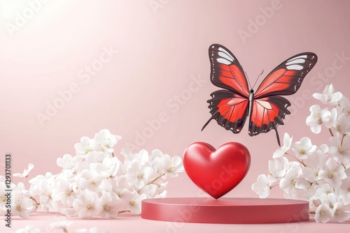 A red heart with a butterfly flying over it