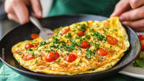 Professional Chef Preparing a Delicious and Nutritious Farm Fresh Omelet Filled with Vibrant Herbs and Vegetables Showcasing Rustic Charm and Culinary Expertise photo