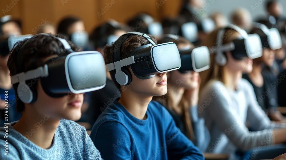 A group of students using VR headsets in a classroom A group of students using VR headsets in a classroom