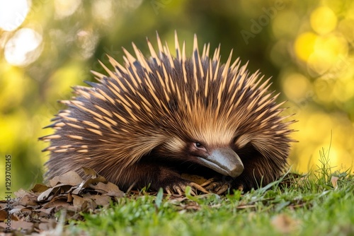 A close-up shot of an echidna snout in the grass, perfect for nature and wildlife related projects photo