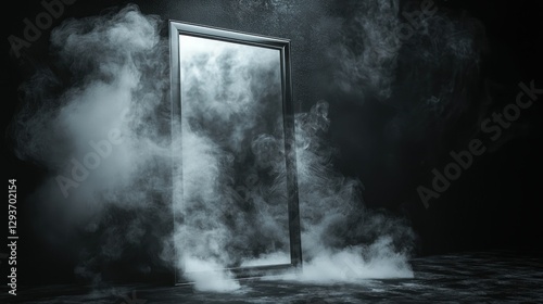 Mystical mirror in smoky dark room