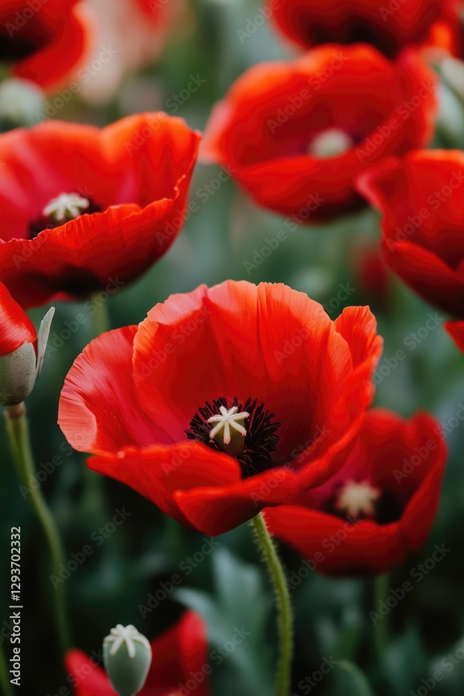A field filled with vibrant red flowers and green stems A field filled with vibrant red flowers and green stems