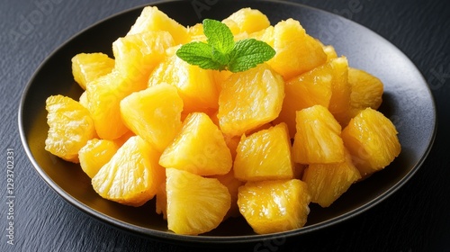 Fresh pineapple chunks on a black plate, garnished with mint.