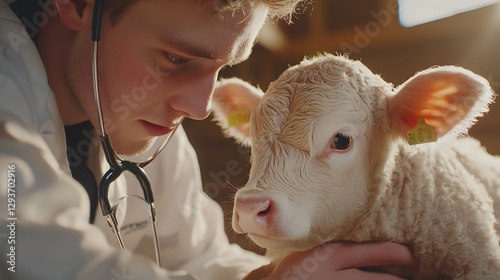 Young Veterinarian Caring for a Calf in a Farm Setting