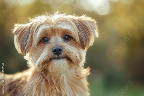 A brown dog with long hair stands in a lush green grass, ready for an adventure