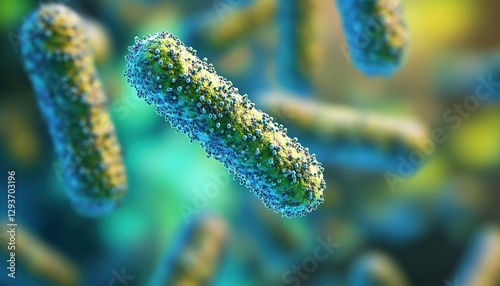 Mystical bacteria under the microscope. Realistic micrographic of bacteria, with some green and yellowish particles floating in a blue background photo