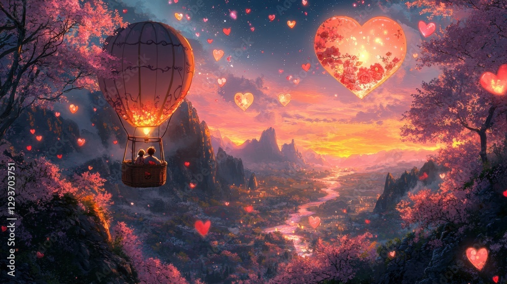 Obraz premium Romantic Hot Air Balloon Ride with Heart Balloons, Love Theme, Generated AI
