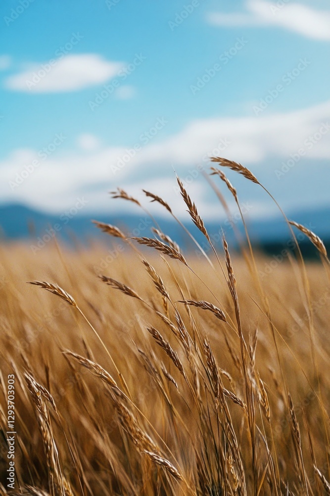 Fototapeta premium A scenic landscape with a vast field of tall grass and distant mountains