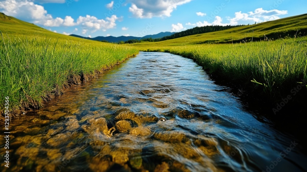 Serene nature scene with a crystal-clear stream flowing through a vibrant grassland, a dreamlike and heavenly atmosphere Serene nature scene with a crystal-clear stream flowing through a vibrant grassland, a dreamlike and heavenly atmosphere