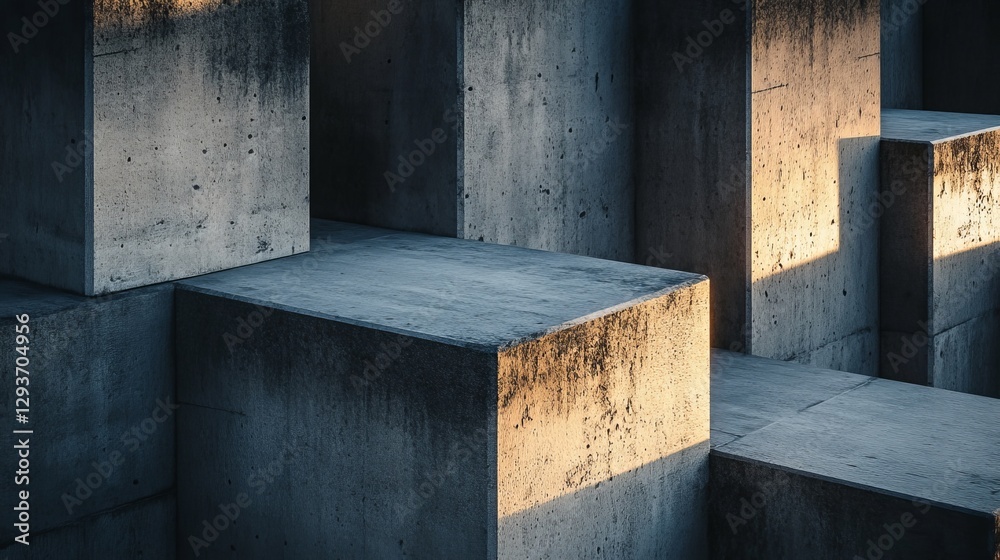 Concrete cubes with sunlight and shadow interplay. Concrete cubes with sunlight and shadow interplay.