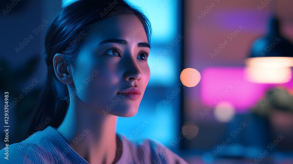 Naklejka premium Thoughtful Young Woman in Modern Room with Colorful Lighting