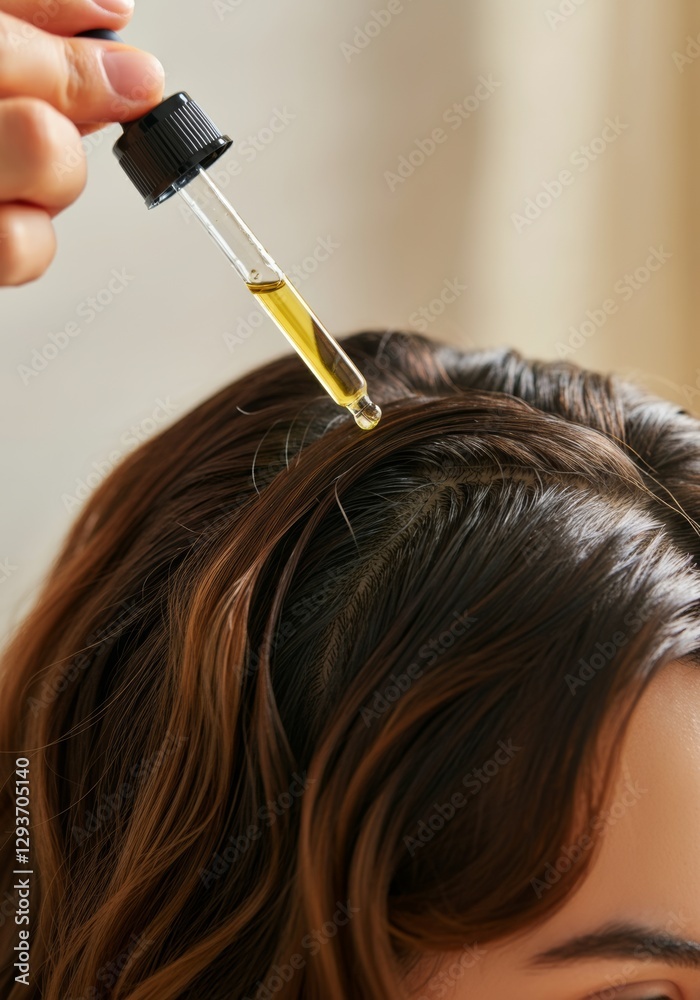 Fototapeta premium Woman applying hair oil with dropper to brown hair for nourishment and shine