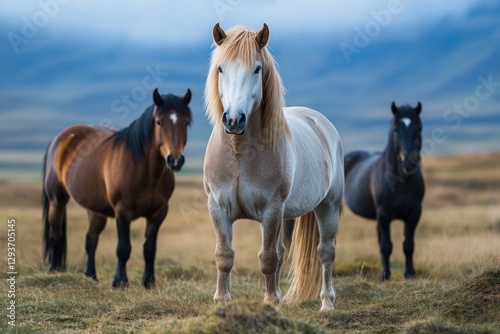 Three horses grazing in a green field with distant mountains