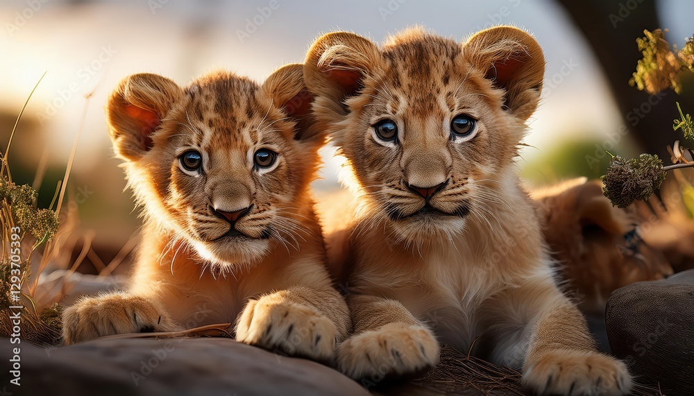Obraz premium Playful Lion Cubs Frolicking in the Serengeti Savannah, Brimming with Joy and Energetic Spirit amidst Golden Sunlight and Vibrant Wildflowers.