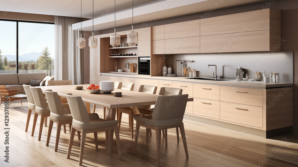 Fototapeta premium Intérieur d'une cuisine américaine, ouverte sur le salon. Lumière extérieure. Cuisine luxueuse, comptoir et meuble en bois clair. Conception et création graphique. 