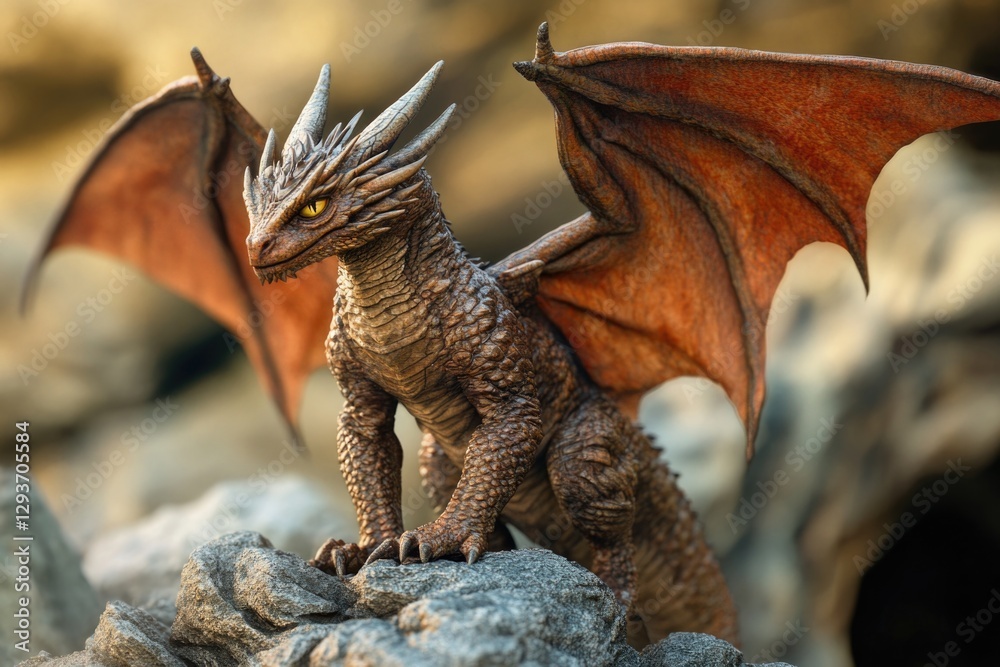Fototapeta premium A mythical creature sitting on a rocky outcropping, with scales and wings spread out