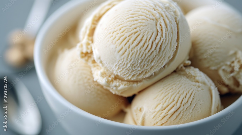 A bowl filled with scoops of creamy ice cream, perfect for a hot summer day or a sweet treat any time A bowl filled with scoops of creamy ice cream, perfect for a hot summer day or a sweet treat any time