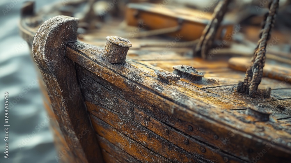 A close-up of a wooden boat floating on the surface of the water, great for use in outdoor or nature-themed designs A close-up of a wooden boat floating on the surface of the water, great for use in outdoor or nature-themed designs