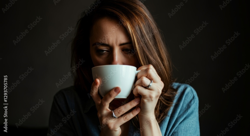 Pensive woman in denim shirt holding white mug in contemplative mood Pensive woman in denim shirt holding white mug in contemplative mood