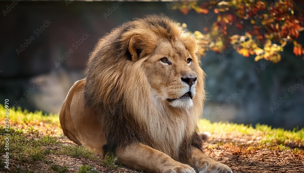 Majestic Lion Roaming in Indianapolis Zoo Powerful Big Cat Striking a Pose amidst Green Enclosure, Sunset Reflected in Eyes, Capturing Wild Beauty.