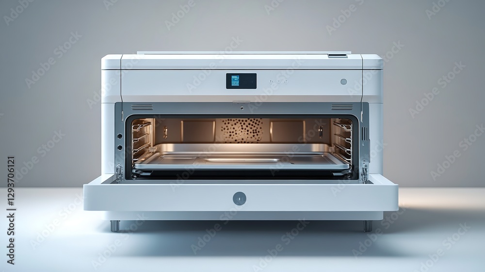 Modern White Oven with Open Doors and Metal Tray, Front View, Isolated on White Background