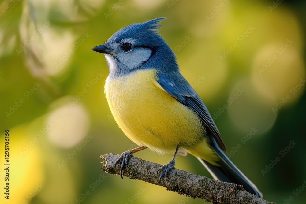 A blue and yellow bird sitting on a branch, ready for flight A blue and yellow bird sitting on a branch, ready for flight