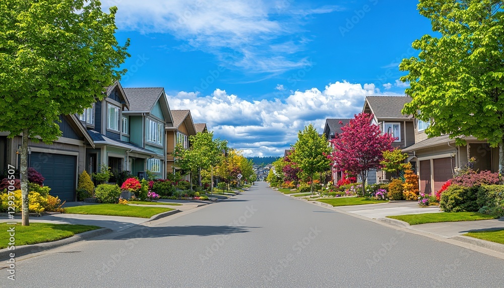 Obraz premium A street view of beautiful residential houses in the suburban area, with trees and lawns on both sides of the road, creating an idyllic urban landscape.