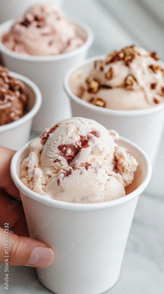 Serving ice cream in small cups with inscriptions. Serving ice cream in small cups with inscriptions.