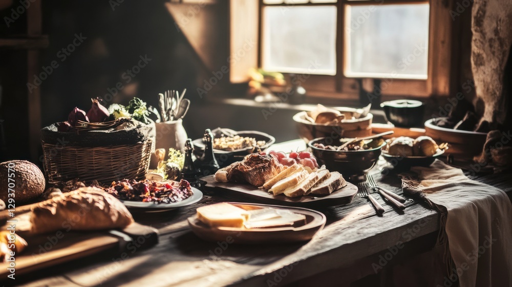 Fototapeta premium Rustic Kitchen Table with Herbs, Cheese, and Bread for a Farmhouse Style Interior Design