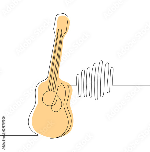 Minimalistic one continuous line drawing of a guitar with musical harmonics on a white background.