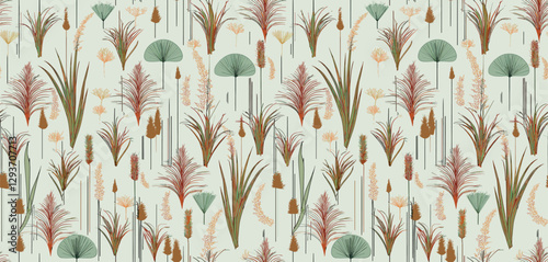 Handcrafted pattern of stylized reeds and foliage in muted earth tones on light background,
 for gift wrap and wallpaper