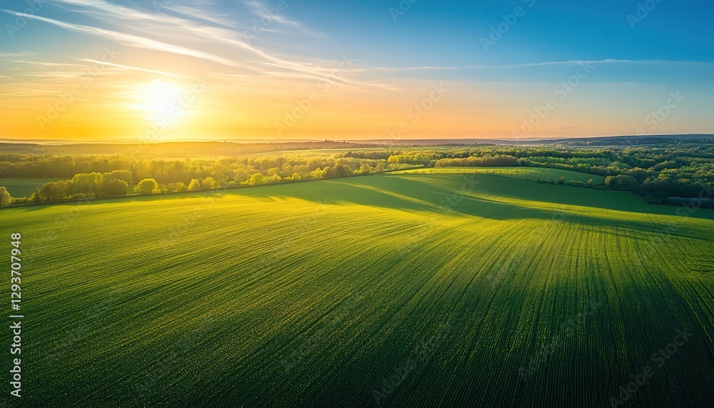 Obraz premium Aerial view of a beautiful landscape with green fields and a blue sky at sunset, in the French countryside, an idyllic rural scene, in the spring season.