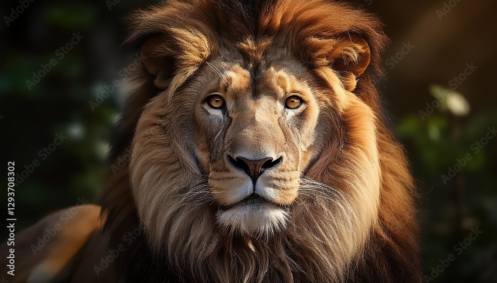 Fototapeta premium Majestic Lion Basking in the Savannah Sunset Glow, Golden Manes and Rusty Textures Illuminate the African Plains, Capturing the Essence of Pride and Serenity.