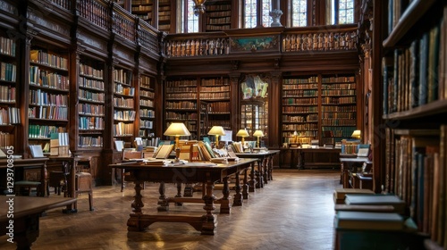 Elegant Library Interior with Wood Furniture and Tall Bookshelves