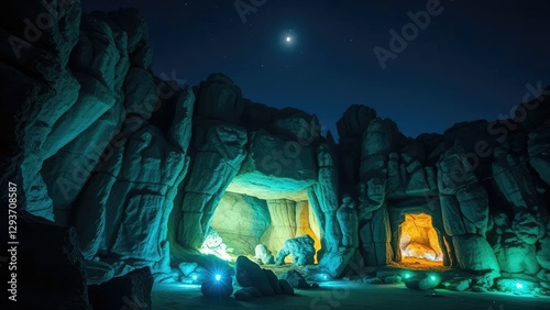 Ancient stone formations illuminated by luminescent glow, luminescent, glow