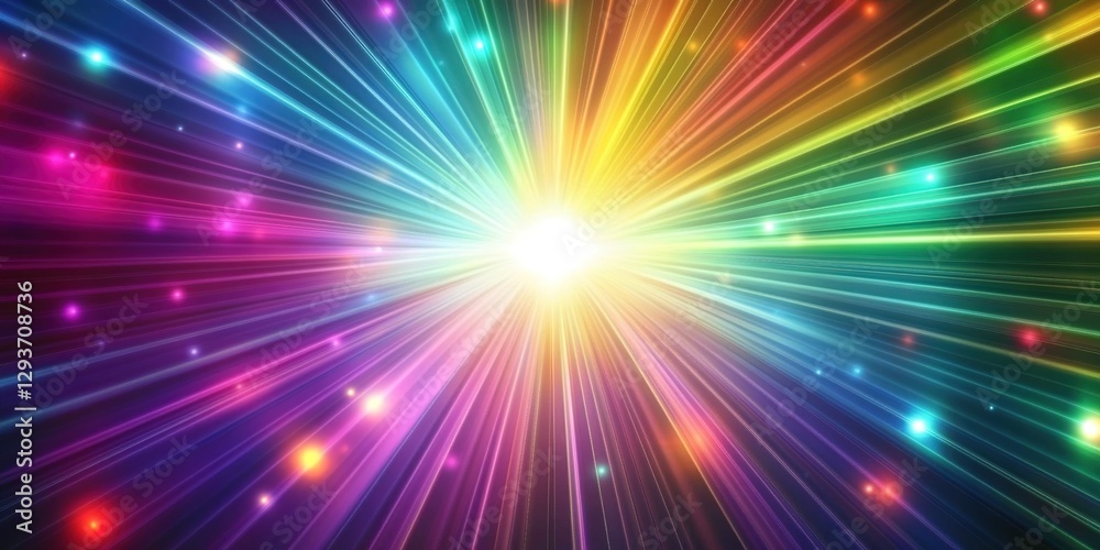 Fototapeta premium Colorful rays of light in rainbow colors with laser beams and a starburst background, a vector presentation design.